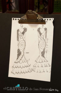 Bocetos del traje de flamenca hecho de jamón por la diseñadora, Verónica de La Vega.